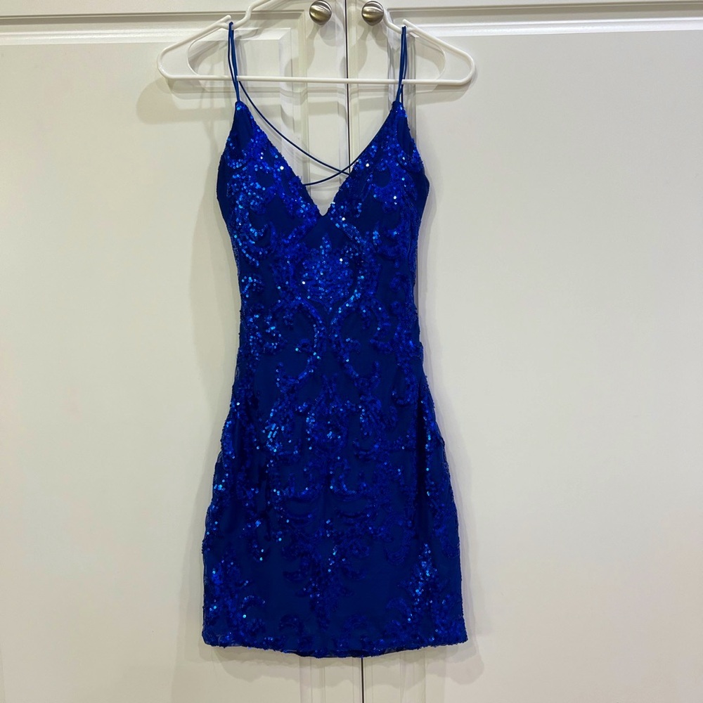 karina crossback sequin blue mini dress